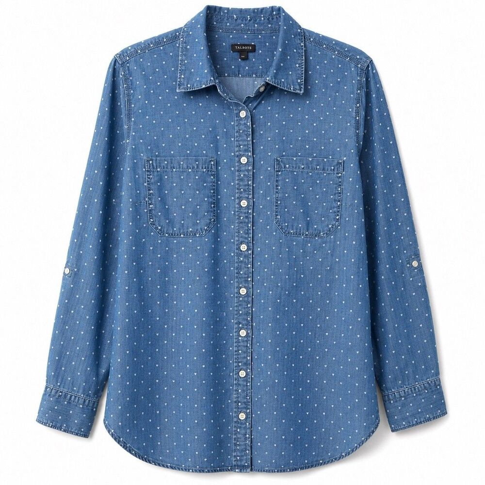 Talbots Lyocell Chambray Shirt Women Large Blue Heart Print Button Front Top